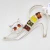 Sterling Silver Multi-Coloured Natural Baltic Amber Cat Stretching Brooch