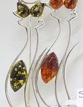 Sterling Silver with Brown and Green Natural Baltic Amber 2 Cats Sitting Brooch