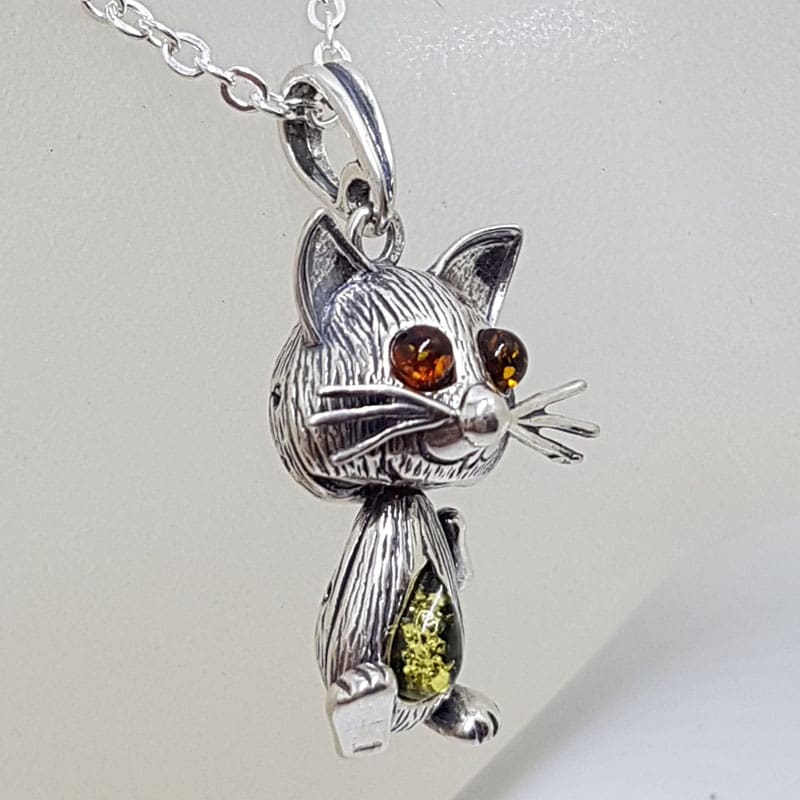 20210830_230845 Sterling Silver Natural Baltic Amber Jointed Cat Pendants on Chains - Different Colours Available
