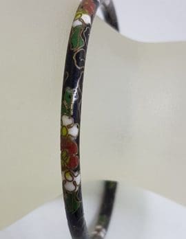 Cloisonne Black Enamel Bangle - Floral Motif - Vintage Costume Jewellery
