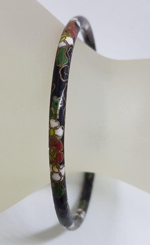 Cloisonne Black Enamel Bangle - Floral Motif - Vintage Costume Jewellery Cloisonne Black Enamel Bangle - Floral Motif - Vintage Costume Jewellery