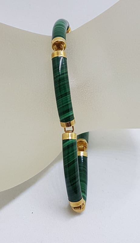 14ct Yellow Gold Malachite with Chinese Symbol Clasp Bracelet - Antique / Vintage