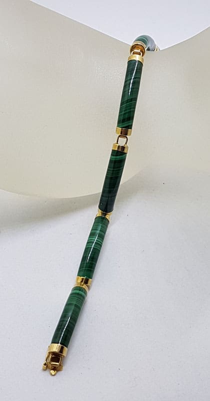 14ct Yellow Gold Malachite with Chinese Symbol Clasp Bracelet - Antique / Vintage