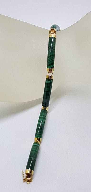 14ct Yellow Gold Malachite with Chinese Symbol Clasp Bracelet - Antique / Vintage