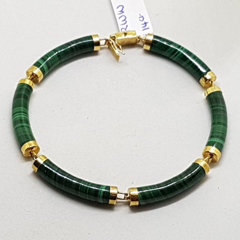 14ct Yellow Gold Malachite with Chinese Symbol Clasp Bracelet - Antique / Vintage