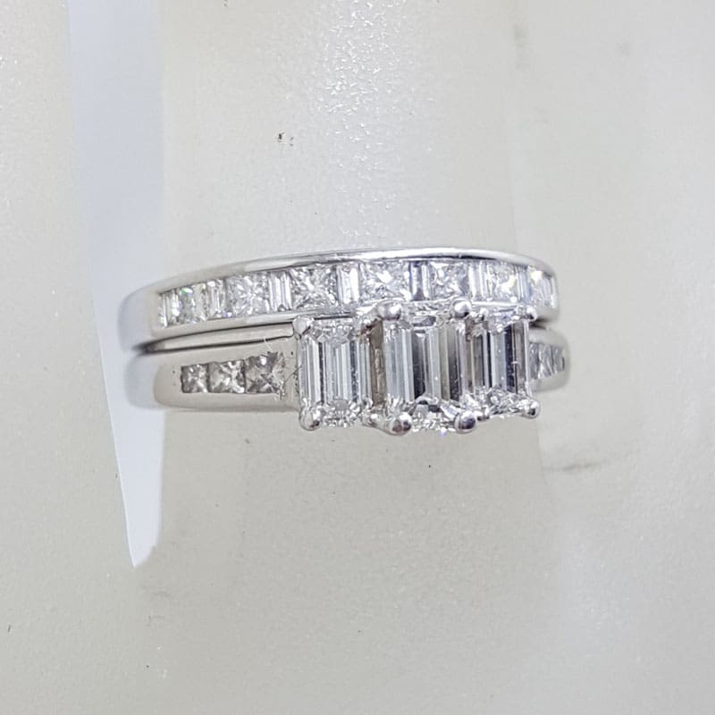18ct White Gold Baguette and Princess Cut Diamond Trilogy Engagement Ring and Wedding Ring Set - Channel Set and Claw Set