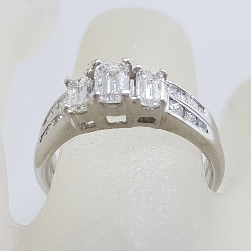 18ct White Gold Baguette and Princess Cut Diamond Trilogy Engagement Ring and Wedding Ring Set - Channel Set and Claw Set