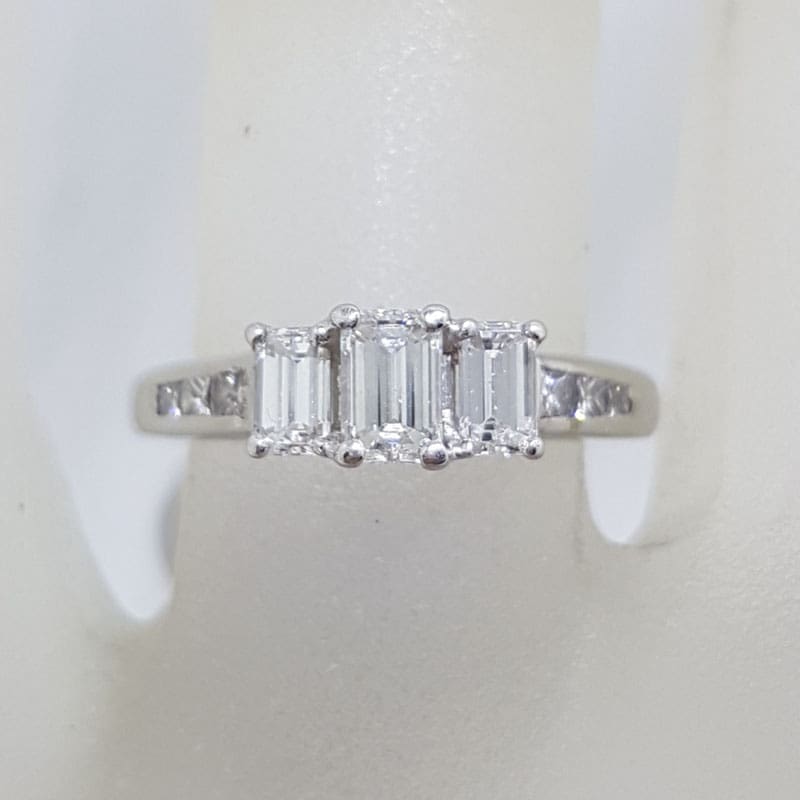 18ct White Gold Baguette and Princess Cut Diamond Trilogy Engagement Ring and Wedding Ring Set - Channel Set and Claw Set