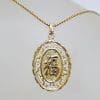 14ct Yellow Gold Ornate Oval Chinese Good Luck Symbol Pendant on Gold Chain