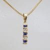 14ct Yellow Gold Sapphire and Diamond Line Shape Pendant on Gold Chain
