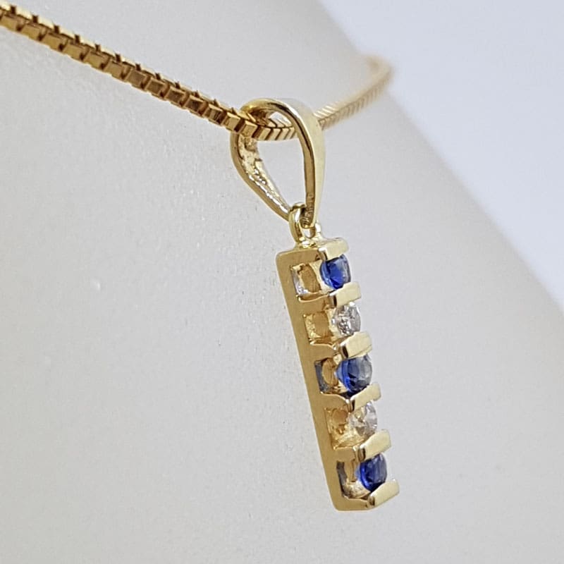 14ct Yellow Gold Sapphire and Diamond Line Shape Pendant on Gold Chain
