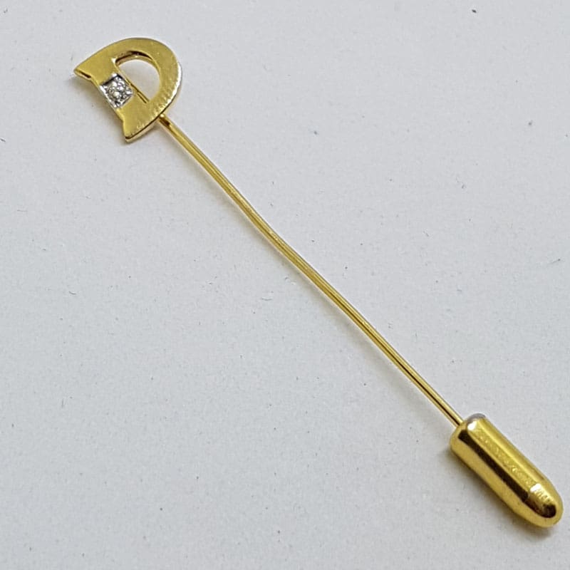 14ct Yellow Gold Initial D with Diamond Lapel / Tie Pin - Antique / Vintage 14ct Yellow Gold Initial D with Diamond Lapel / Tie Pin - Antique / Vintage