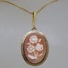 9ct Yellow Gold Oval Flower / Floral Carved Cameo Pendant on Gold Chain - Antique / Vintage