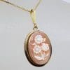 9ct Yellow Gold Oval Flower / Floral Carved Cameo Pendant on Gold Chain - Antique / Vintage