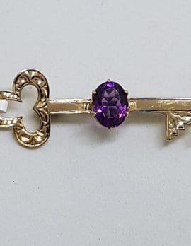 9ct Yellow Gold Oval Amethyst 21st Key Brooch - Antique / Vintage