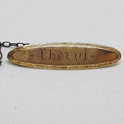 9ct Yellow Gold Oval "Cheryl" Name Badge / Brooch - Antique / Vintage