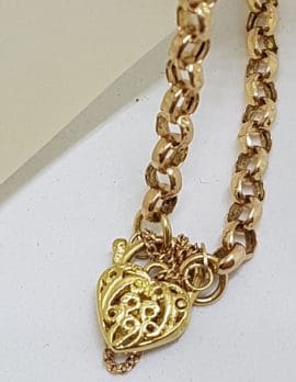 9ct Yellow Gold Ornate Heart Padlock on Belcher Link Bracelet