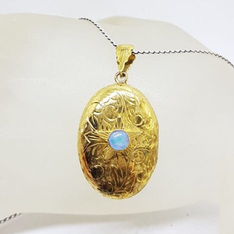 Sterling Silver and Plated Ornate Design Opal Triplet Oval Locket Pendant on Silver Chain – Vintage