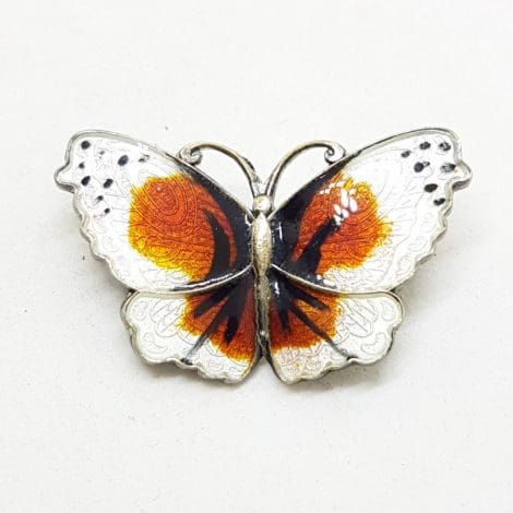 Sterling Silver Enamel Swedish Designer White and Orange Butterfly Brooch – Antique / Vintage