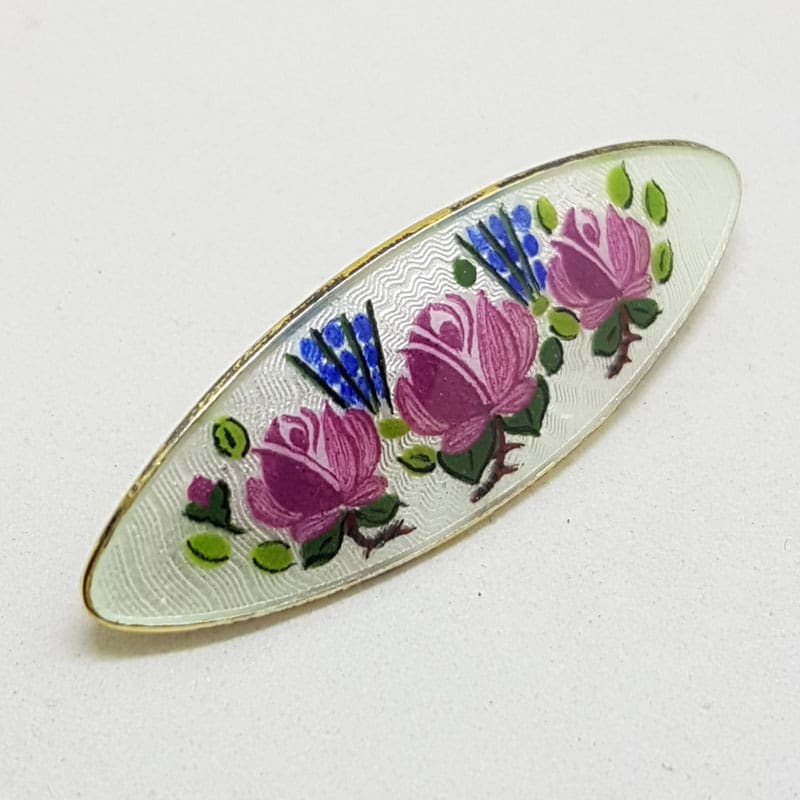 Sterling Silver Enamel Swedish Designer White and Multi-Colour Floral / Flower Oval Brooch – Antique / Vintage Sterling Silver Enamel Swedish Designer White and Multi-Colour Floral / Flower Oval Brooch – Antique / Vintage