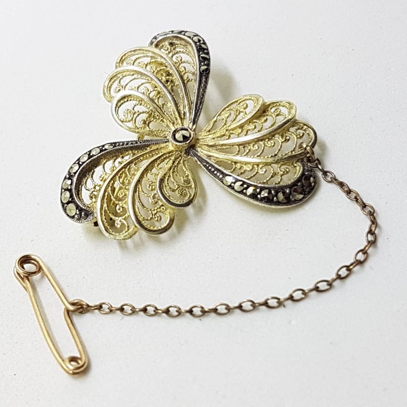 Sterling Silver and Plated Ornate Filigree Marcasite Swirl Brooch – Antique / Vintage Sterling Silver and Plated Ornate Filigree Marcasite Swirl Brooch – Antique / Vintage