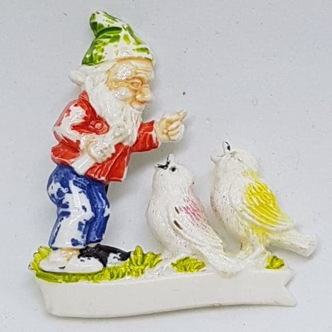 Plastic / Celluloid / Bakelite Gnome with Birds Brooch – Vintage Costume Jewellery