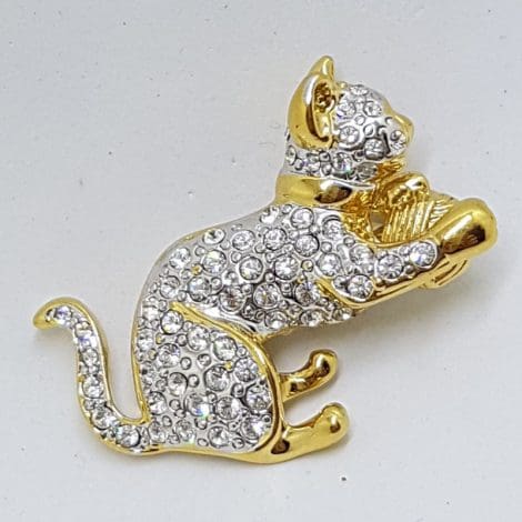 Plated Rhinestone Stitting Cat Brooch – Vintage Costume Jewellery