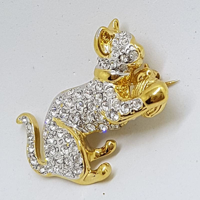 Plated Rhinestone Stitting Cat Brooch – Vintage Costume Jewellery