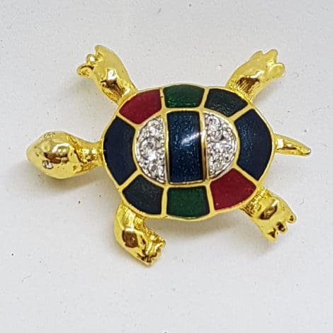 Plated, Enamel and Rhinestone Turtle Brooch – Vintage Costume Jewellery