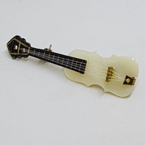 Plated Mother of Pearl Guitar Brooch – Vintage Costume Jewellery