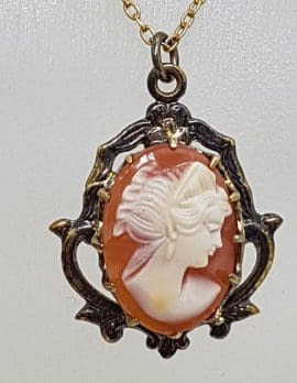 Plated Ornate Design Oval Lady Head Cameo Pendant on Chain – Vintage Costume Jewellery