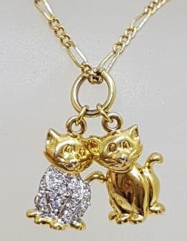 Plated Rhinestone Two Stitting Cat Pendant and Chain – Vintage Costume Jewellery