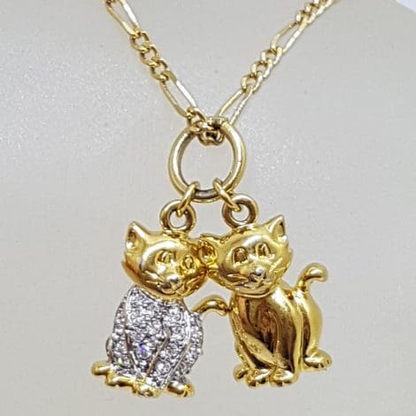 Plated Rhinestone Two Stitting Cat Pendant and Chain – Vintage Costume Jewellery