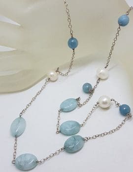 Long Pearl and Aquamarine Bead Necklace / Chain with Sterling Silver Clasp