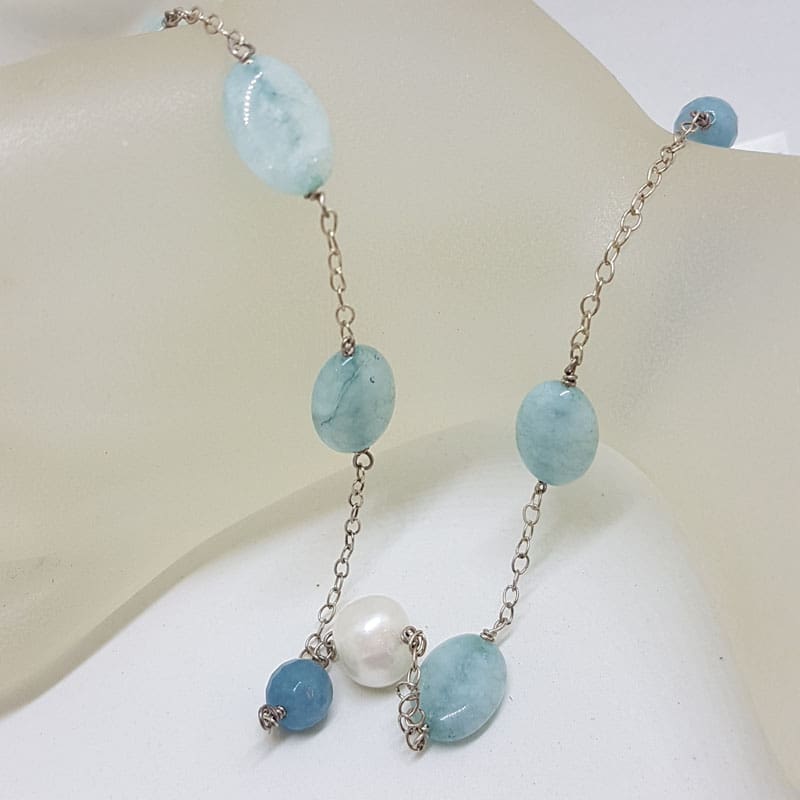 Long Pearl and Aquamarine Bead Necklace / Chain with Sterling Silver Clasp