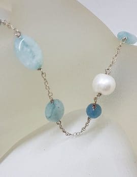 Long Pearl and Aquamarine Bead Necklace / Chain with Sterling Silver Clasp