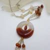 Long Round Agate Circle Bead Necklace / Chain with Sterling Silver Clasp