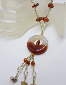 Long Round Agate Circle Bead Necklace / Chain with Sterling Silver Clasp