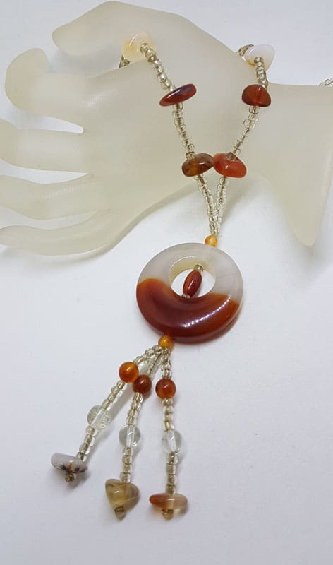 Long Round Agate Circle Bead Necklace / Chain with Sterling Silver Clasp