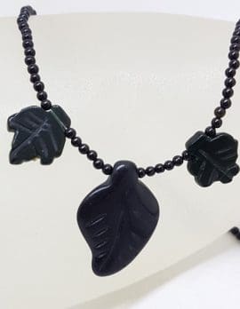 Black Carved Leaf Bead Necklace / Chain with Sterling Silver Clasp