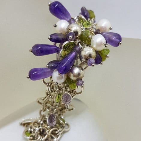 Sterling Silver Multi-Colour Gemstone Wide and Chunky Cluster Bracelet with Amethyst, Pearl and Peridot Bead Drops