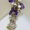 Sterling Silver Multi-Colour Gemstone Wide and Chunky Cluster Bracelet with Amethyst, Pearl and Peridot Bead Drops