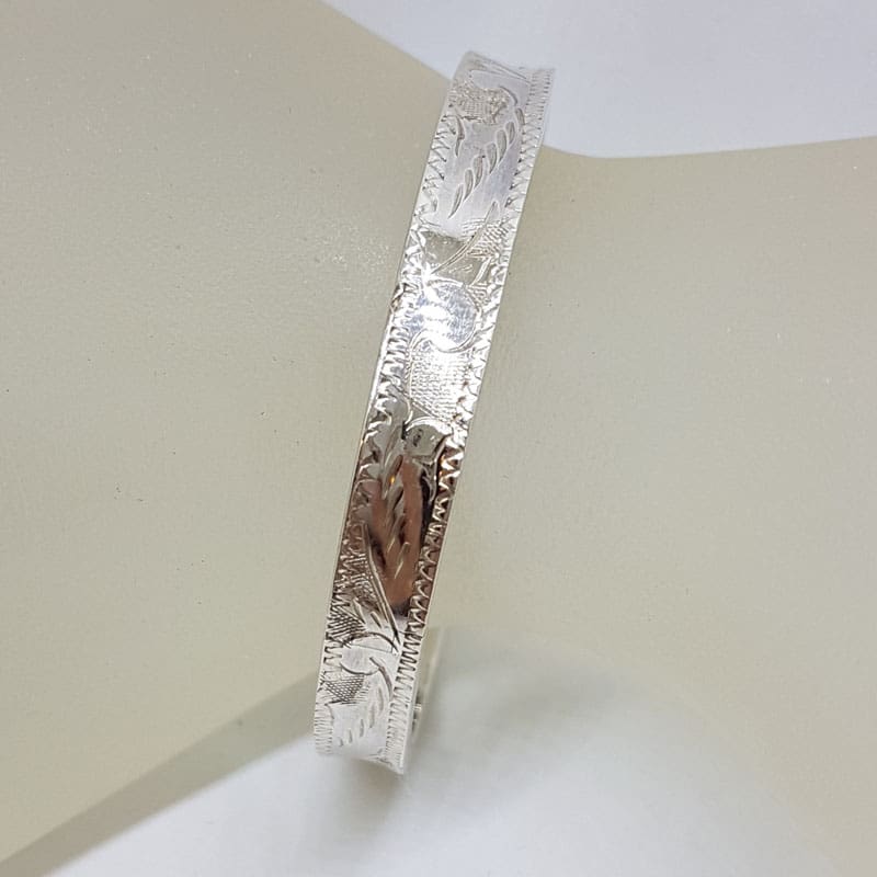 Sterling Silver Patterned Ornate Etched Hinged Bangle