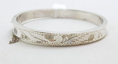 Sterling Silver Patterned Ornate Etched Hinged Bangle