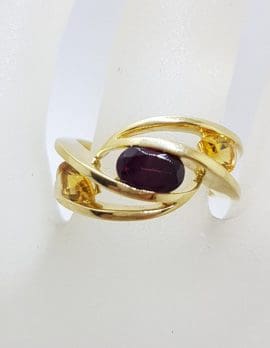 9ct Yellow Gold Garnet & Citrine Wide Open Wave Ring