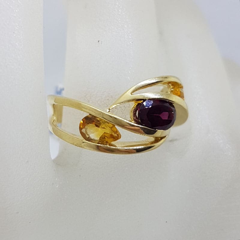 9ct Yellow Gold Garnet & Citrine Wide Open Wave Ring