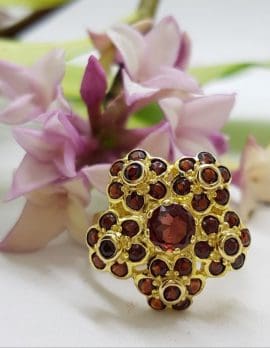 9ct Yellow Gold Garnet Large Exquisite Flower Cluster Ring
