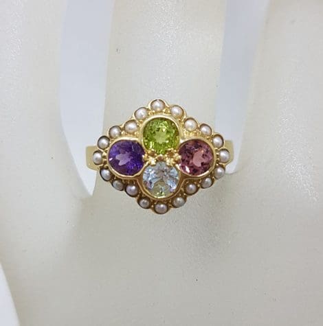 9ct Yellow Gold Multi-Coloured Gemstone Ring - Pink Tourmaline, Topaz, Peridot, Amethyst and Seed Pearl