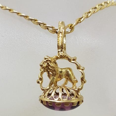9ct Yellow Gold with Purple Stone Lion / Leo Pendant on Gold Chain - Antique / Vintage