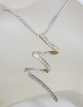 9ct White Gold Long Diamond Zig Zag / Lightning Bolt Pendant on Gold Chain